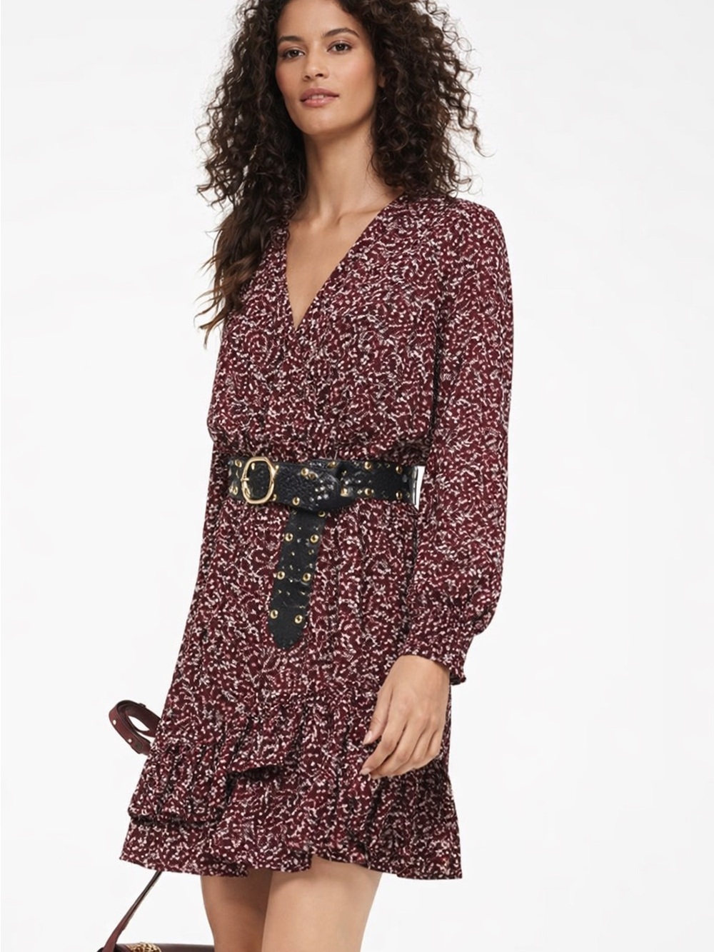 Michael Kors Floral Smocked Mini Dress Burgundy Long Sleeve V-Neck Size S - Picture 15 of 16